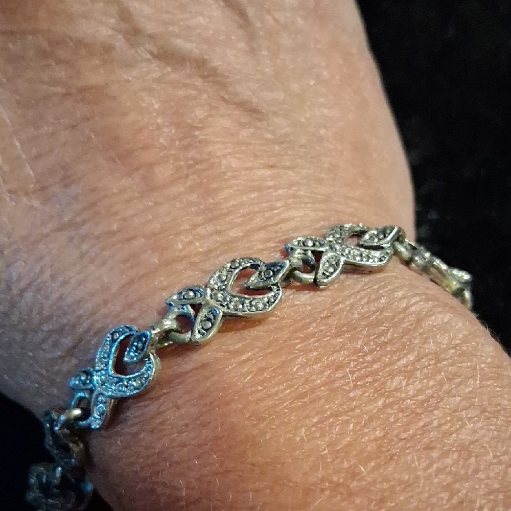 Dazzling Vintage Pave Cz Diamond Heart Sterling Silver 925 Bracelet Sz.7.5